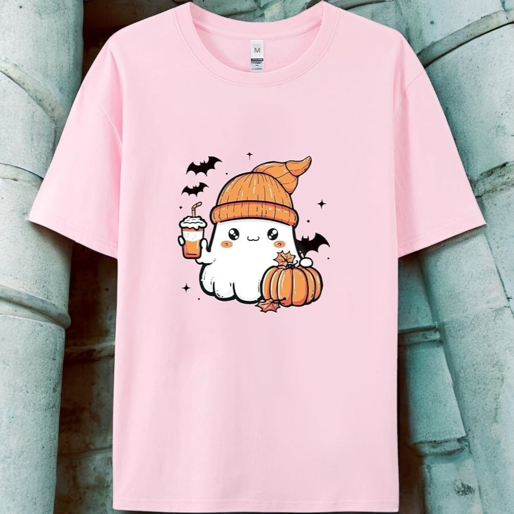 Cute Pink Ghost Tee with Halloween Design